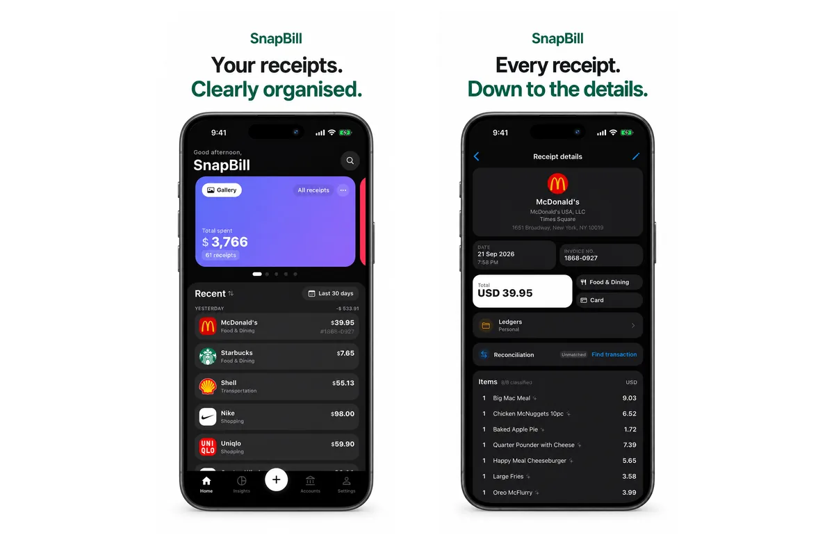 Two SnapBill app screens: recent receipts organised by merchant and category, and a receipt detail screen showing the date, total, category and each line item